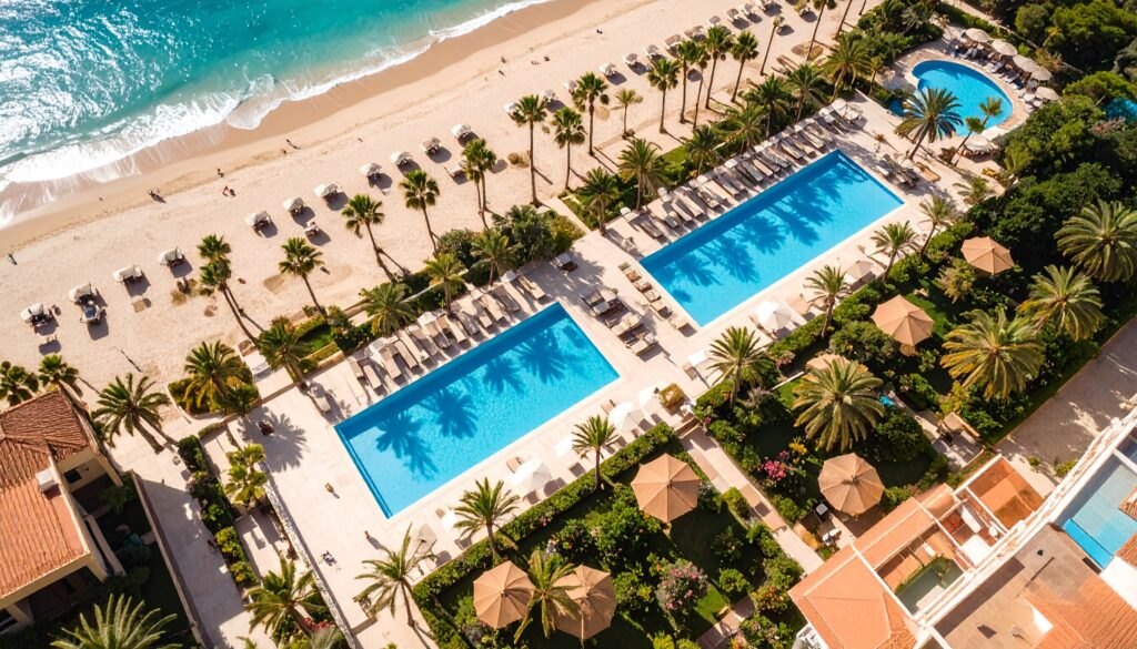 Spanien – Pauschalreisen: Blick auf resort-gärten und pool-layout an der strandlinie