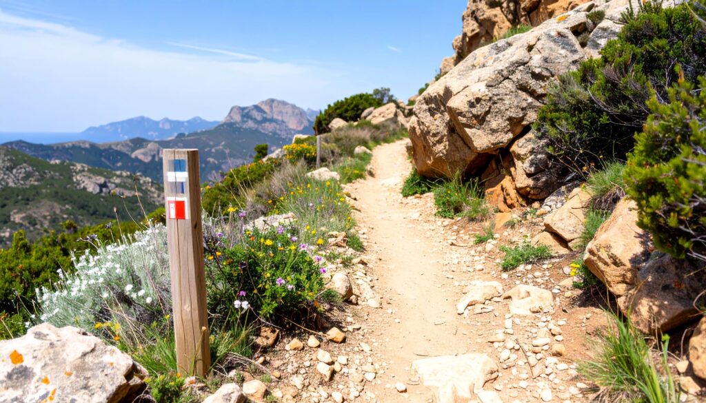 Detailreiche Trailszene in Spanien mit markiertem Pfad und natürlicher Textur