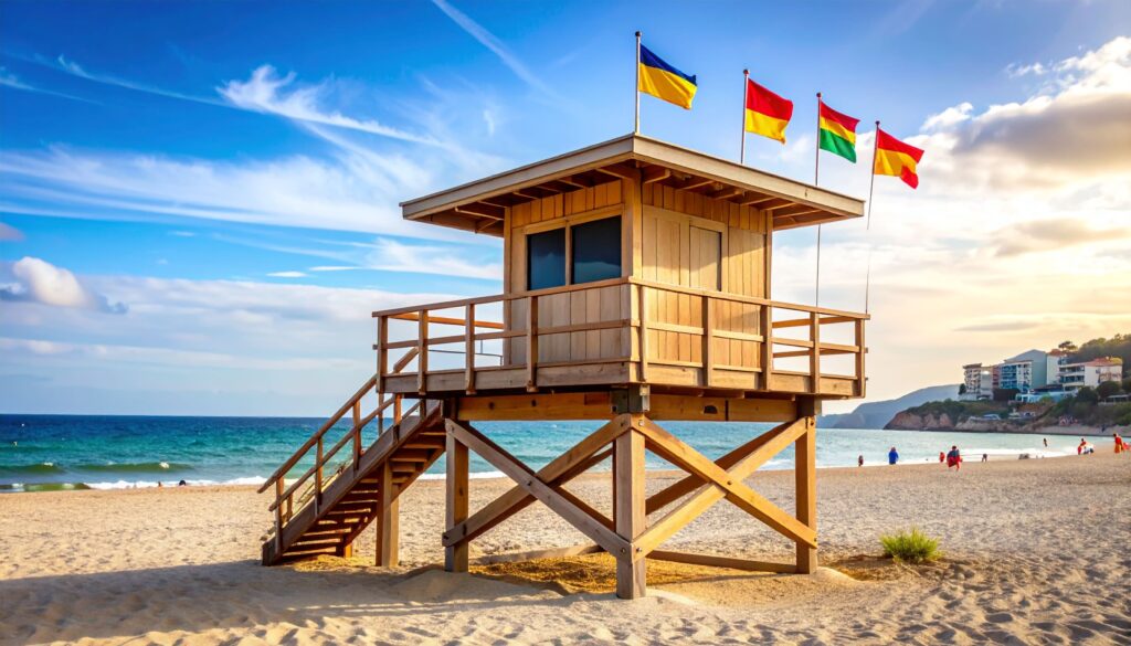 Spanien – Strandurlaub: Tele-Detail eines Rettungsturms mit Farbfahnen und klaren Linien