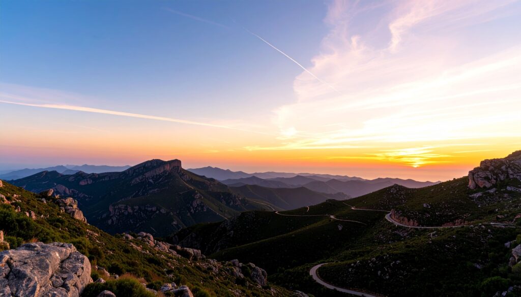 Weitwinkel-Panorama von Spanien bei Sonnenuntergang mit sichtbaren Pfaden.